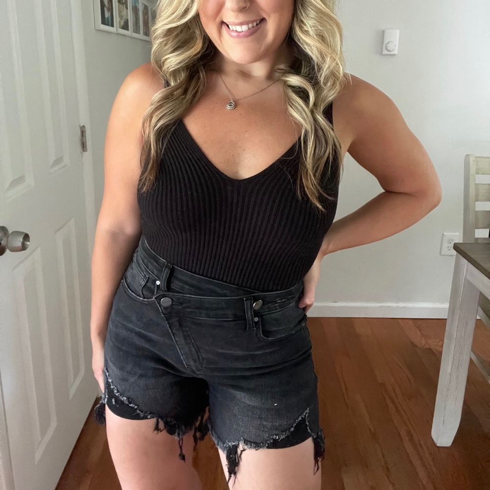 Black High Rise Cross Over Distressed Denim Risen Shorts